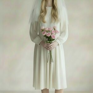 Vintage White Lace & Chiffon Long Sleeve Midi Dress | XS–S | Vintage Wedding